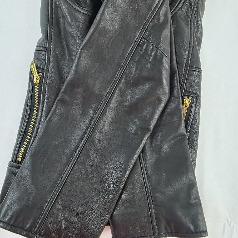 Michael Kors Jacket Womens XL Black Leather Moto Full Zip Sherpa Collar Lined